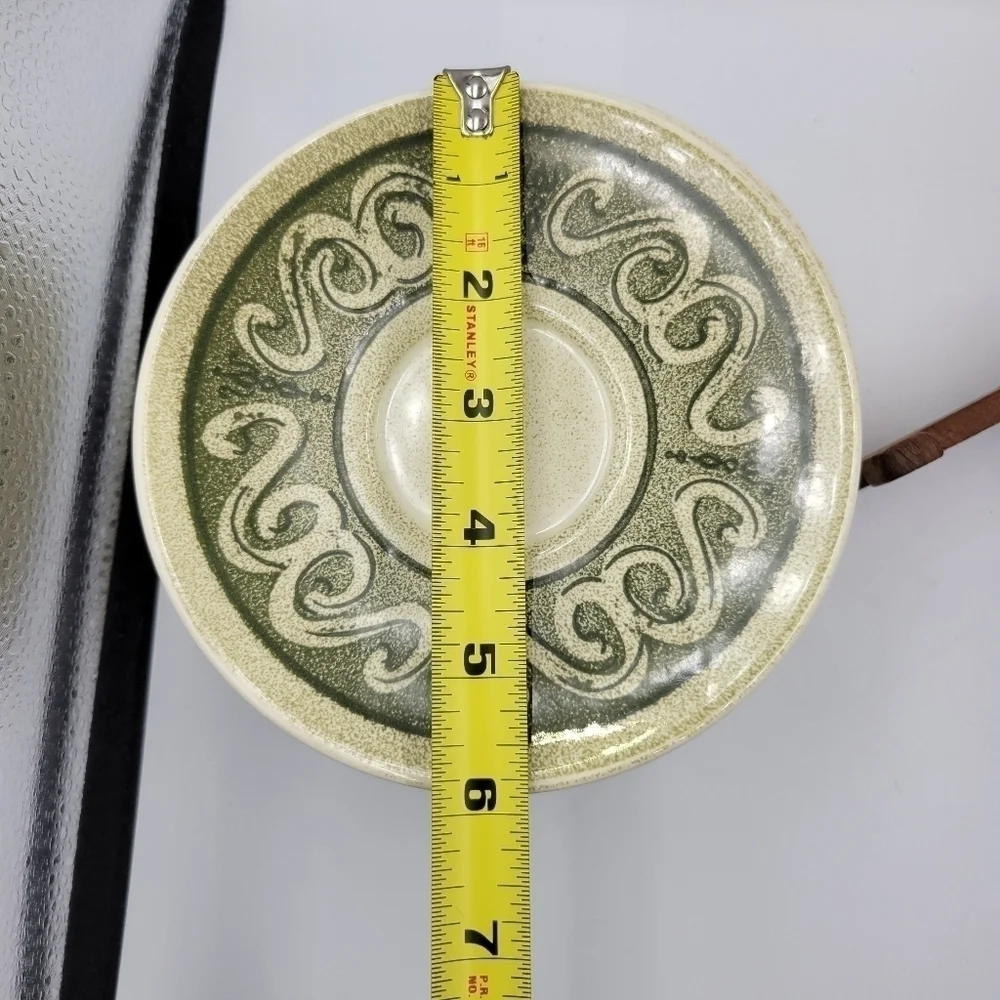 Vtg Stoneware Green & Cream Saucers - set of 10